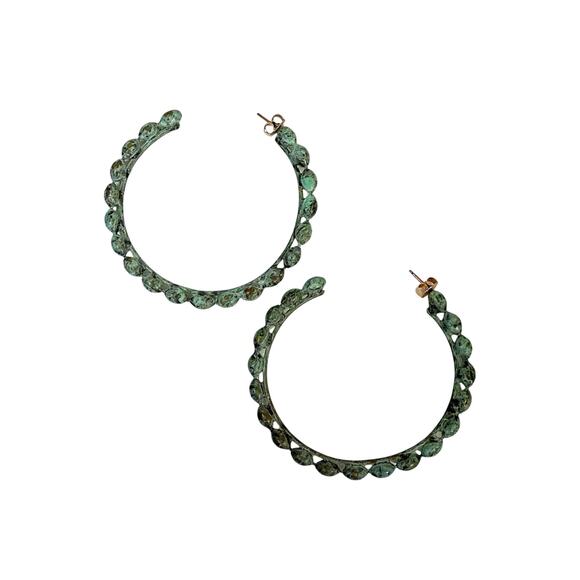 Oxidized Green Rustic Earthy Metal Open Design Artisan 90s Hoop Pierced Earrings - Picture 2 of 3